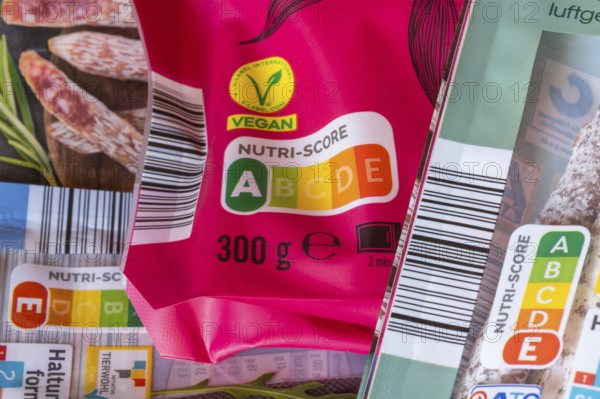 Food with vegan seal and Nutri-Score, pink packaging, Baden-Württemberg, Germany