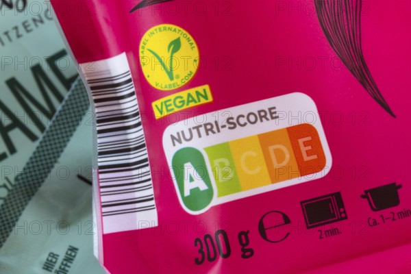 Pink food packaging label with vegan Nutri-Score, Baden-Württemberg, Germany