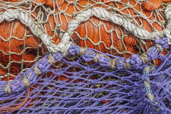 Fishing nets in purple and orange, Greetsiel, East Frisia, Lower Saxony, Germany