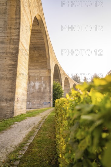 Detailed view of a massive concrete viaduct with a green bush in the foreground, small town of Perle Nagold, Black Forest, Germany