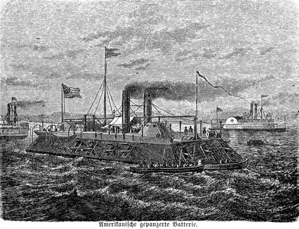 American armoured battery, various armoured ships, warships, steamships, paddle steamer, fleet, at sea, flags, swell, North America, two funnels, rowing boat, inventions in the 19th century, technology, industry, historical illustration 1872, Germany