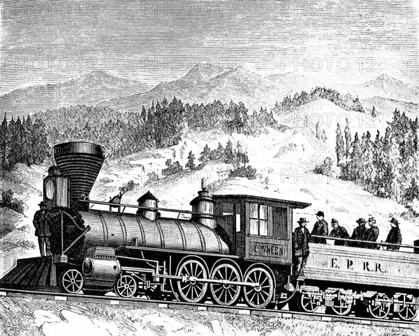 Locomotive for the Pacific Railway, steam locomotive, inscription EPRR, Pacific Railway, railway, rail traffic, tracks, people, mountain landscape, North America, inventions in the 19th century, mechanical engineering, technology, industry, historical illustration 1872, Germany