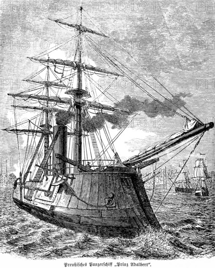 Prussian armoured ship Prinz Adalbert, warship, steamship, two-master, weapons, cannons, at sea, smoke, chimney, inventions in the 19th century, shipbuilding, technology, industry, historical illustration 1872, Germany