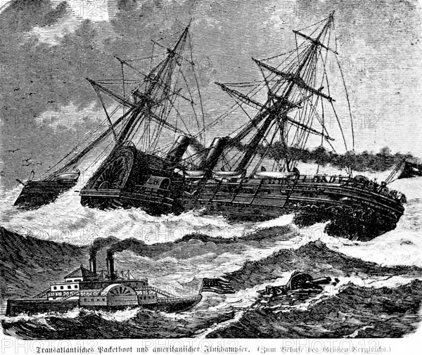 Transatlantic packet boat and American river steamer for size comparison, two-master, storm, high seas, inventions in the 19th century, Atlantic crossing, mail boat, mechanical engineering, shipbuilding, technology, paddle steamer, side-wheel steamer, smoke, industry, size comparison, historical illustration 1872, Germany