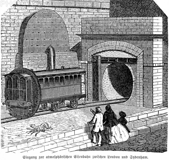 Entrance to the atmospheric railway between London and Sydenham, English engineers Clegg and Samuda, piston, tunnel, tube, spectator, dog, inventions in the 19th century, mechanical engineering, technology, industry, historical illustration 1872, Germany