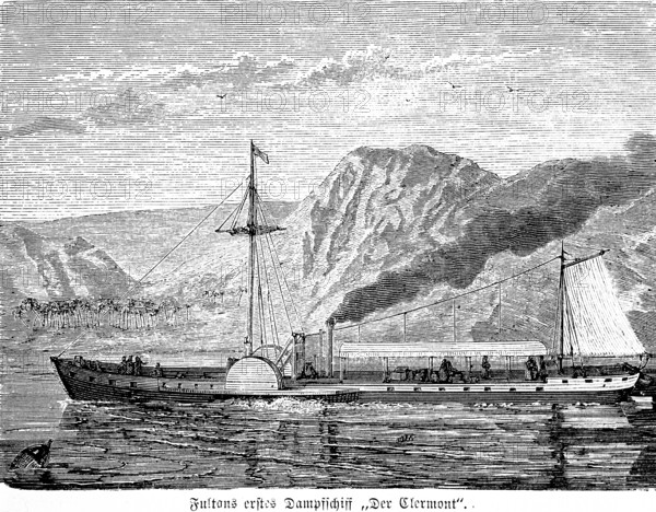 Fulton's first steamboat The Clermont on the Hudson River between New York and Albany, paddle steamer, side-wheel steamer, propulsion, sails, American engineer Robert Fulton, smoke, inventions in the 19th century, shipbuilding, mechanical engineering, technology, industry, historical illustration 1872, Germany