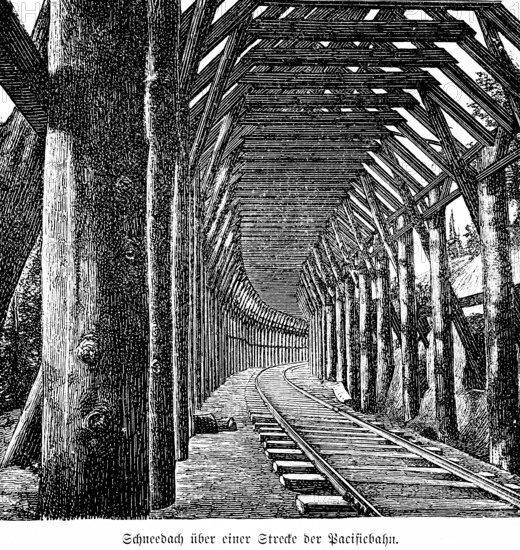 Snow roof over a section of the Pacific Railway, North America, technology, wooden construction, tracks, protection, roof, danger, Pacific Railway, inventions in the 19th century, historical illustration 1872, Germany