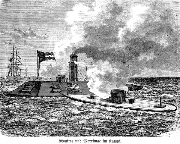 Tower ship screen and the Merrimac in battle, naval battle, US flag, armoured warships, swell, firing cannons, inventions in the 19th century, technology, industry, historical illustration 1872, Germany