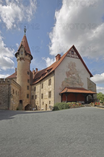 Tower and building with mural painting, courtyard, Renaissance, castle, Veste Heldburg, Heldburg, Thuringia, Germany