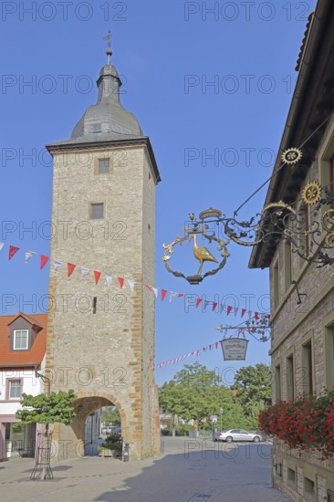Historic Lower Tor, nose sign of the Gasthaus zum Storchen, town gate, town tower, Volkach, Lower Franconia, Franconia, Bavaria, Germany