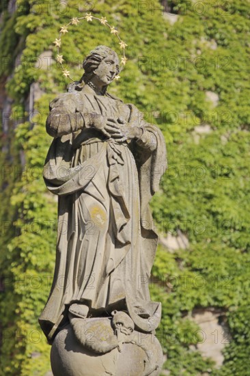 Madonna figure with halo, sculpture, statue, market square, Saal an der Saale, Lower Franconia, Franconia, Bavaria, Germany