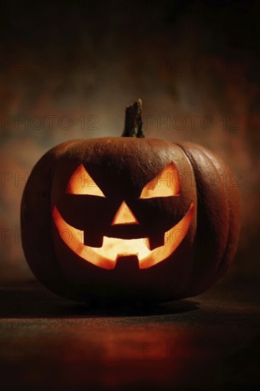 A spooky carved glowing pumpkin in a dark room, symbolising Halloween and autumnal mood, AI generated, AI generated