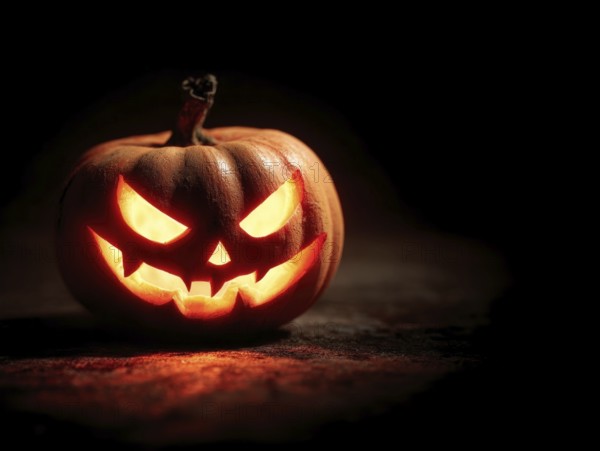 A spooky carved glowing pumpkin in a dark room, symbolising Halloween and autumnal mood, AI generated, AI generated