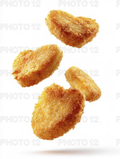 Deep-fried, greasy, breaded chicken nuggets fall onto the background against a white background, crispy and appetising, symbolic image for unhealthy nutrition, fast food, snack bar, street food, saturated fatty acids, acrylamide, AI generated, AI generated