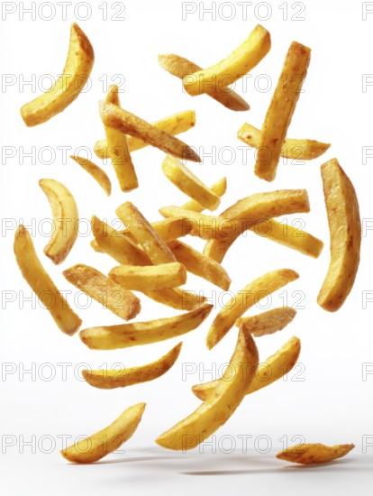 Fried, greasy, French fries, French fries, fall on the background, crispy and appetising, symbolic image for unhealthy diet, fast food, snack bar, street food, saturated fatty acids, acrylamide, KI generated, KI generated