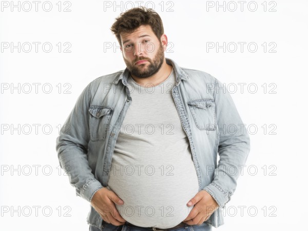 Overweight young man looks worried and holds his hands to his stomach, AI generated, AI generated