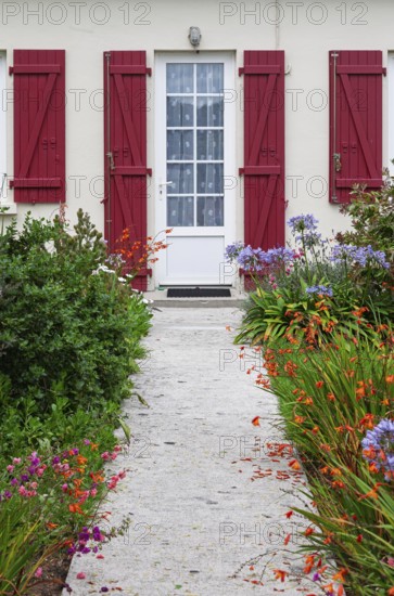 House façade with mullioned windows, entrance door and red shutters and flower beds, Ile de Brehat, Brittany, France