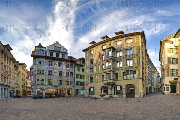 Painted buildings on Hirschenplatz in Lucerne Old Town, Canton of Lucerne, Switzerland