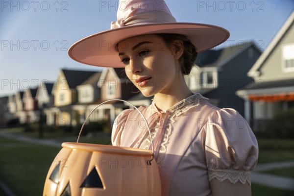 Young woman in pink Halloween witch costume holding jack-o'-lantern basket in sunny city street. Generative ai, AI generated