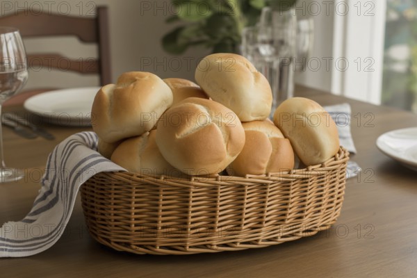 Basket of fresh bread rolls on dining table. Cozy meal and homemade bread. Generative Ai, AI generated