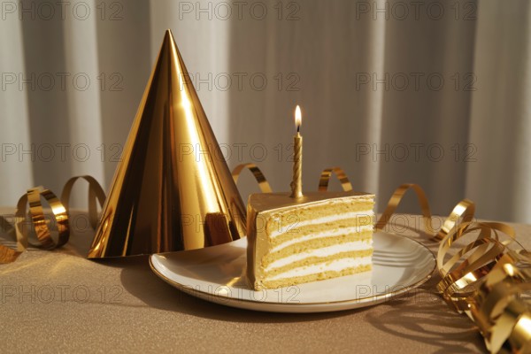 Golden party cat with slice of golden birthday cake and candles. Celebration with festive golden garland. Generative Ai, AI generated