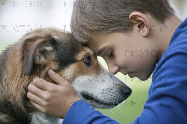 Side view of boy pressing forehead close to his pet dog's head. Moment of affection and sadness. Generative AI, AI generated