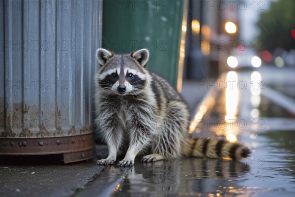 Raccoon sitting next to garbage can on city street. Urban wildlife behavior and trash scavenging in residential areas. Generative ai, AI generated