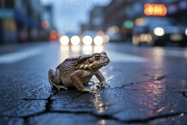 Close up of toad crossing street at twilight. Shows urban wildlife activity during dusk hours. Generative ai, AI generated