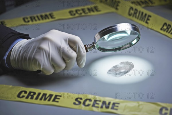 Forensic officer wearing glove examining fingerprint with magnifying glass. Symbolizes crime solving and meticulous evidence inspection.. Generative ai, AI generated
