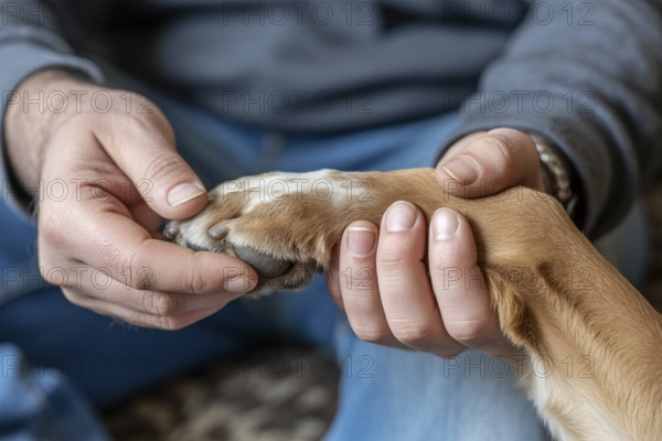 Person gently holding dog paw in close up. Shows the trust and loving bond between human and pet. Generative ai, AI generated