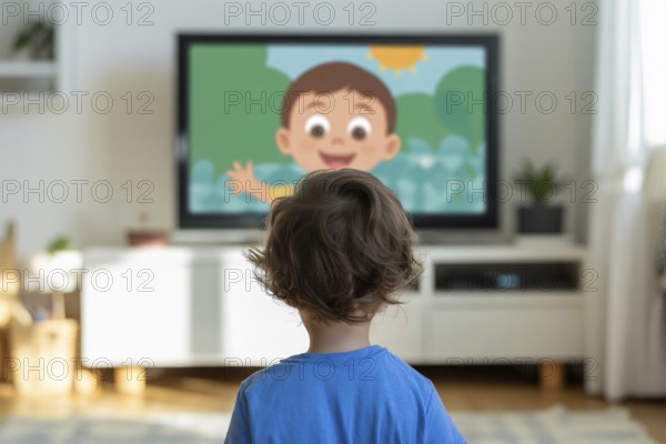 Young child seen from behind watching blurry cartoon on modern TV screen. Highlights early media exposure and screen time in childhood.. Generative ai, AI generated