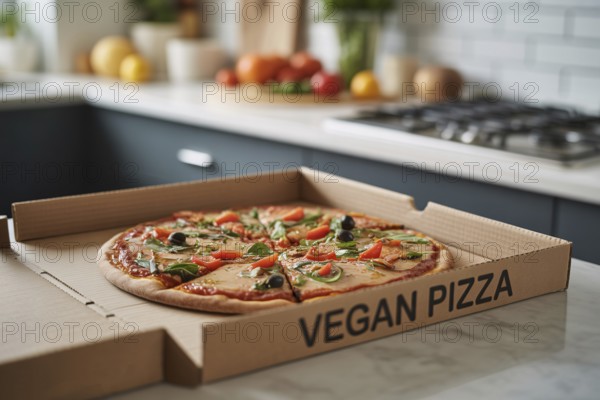 Vegetable pizza in box labeled vegan pizza on kitchen counter. Healthy plant-based fast food option at home. Generative ai, AI generated