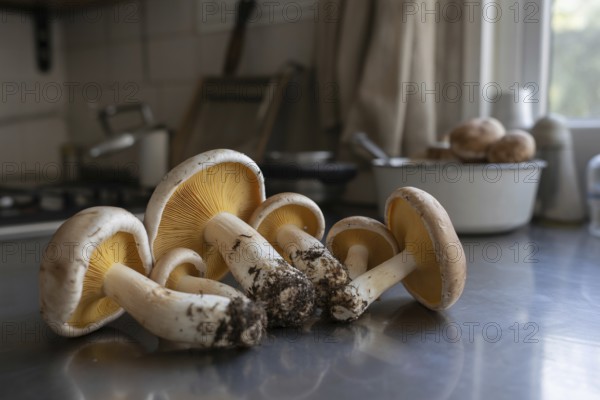 Different sized wild mushrooms spread on kitchen counter after collecting. Generative ai, AI generated
