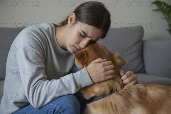 Worried young woman hugging her dog. Shows emotional support and the strong bond between woman and pet during difficult times. Generative ai, AI generated
