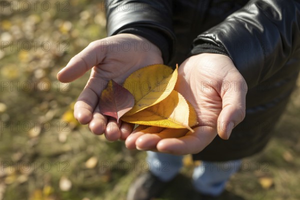 Hands holding small orange and yellow autumn leaves outdoors. Captures the beauty of fall and connection with nature. Generative ai, AI generated