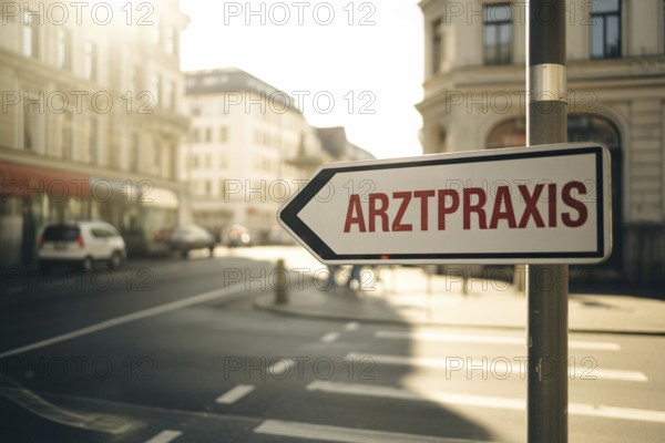Direction sign with red Arztpraxis text in bright sunlight. Points to medical clinic with soft-focus background.. Generative ai, AI generated
