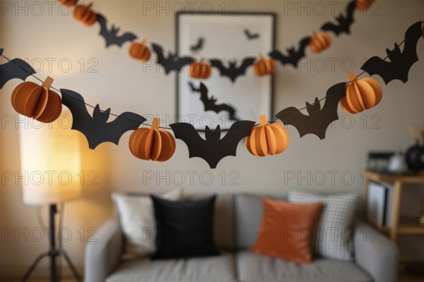 Black and orange Halloween garland with bats and pumpkins hanging in cozy living room. Generative ai, AI generated