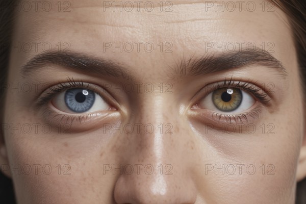 Close-up of woman's face showing heterochromia. One blue eye and one hazel eye. Generative ai, AI generated