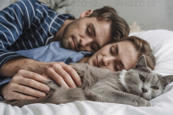 Cat lying in bed with sleeping couple, close-up of fur and hands. Symbol of pet-human bond, comfort, and love in everyday life.. Generative ai, AI generated