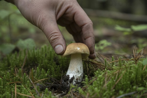 Close up of hand picking up small brown edible mushroom in forest. Generative ai, AI generated