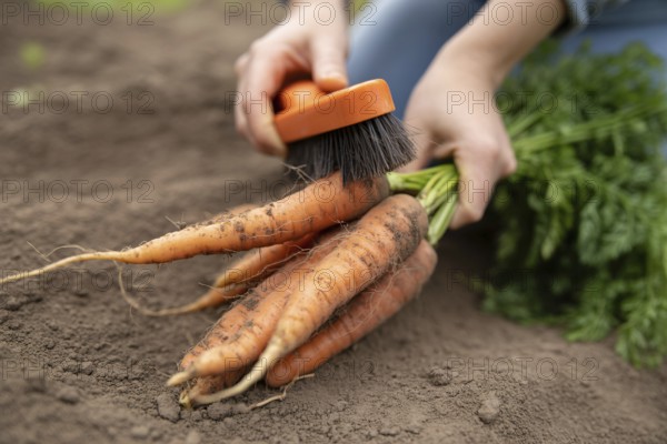 Person brushing dirt off freshly pulled carrots. Generative ai, AI generated