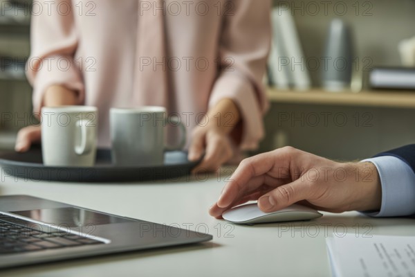 Woman holding a tray with white coffee mugs next to a man's hand on a large wireless mouse. Gender roles in the office. Generative ai, AI generated