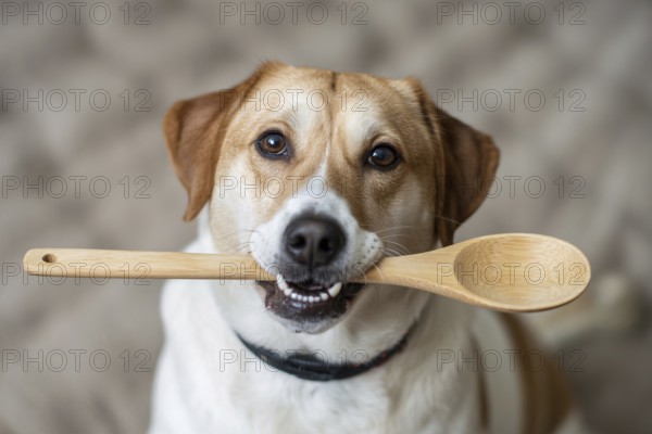 Dog holding a wooden cooking spoon in its mouth. Concept of preparing homemade dog food and cooking for pets. Generative ai, AI generated