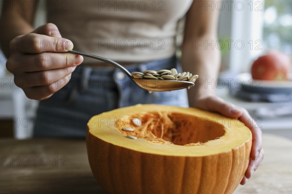 Woman scooping pumpkin seeds from a fresh pumpkin in the kitchen. Preparing pumpkin seeds for roasting and cooking. Generative AI, AI generated