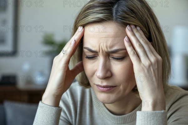 Woman touching forehead in pain. Concept of headache or migraine discomfort. Generative AI, AI generated