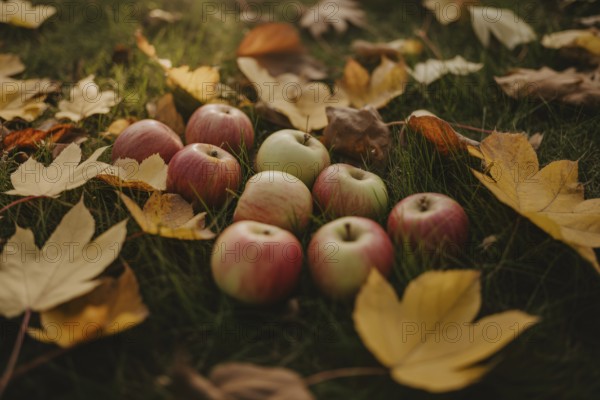 Apples on grass with fallen autumn leaves. Generative AI, AI generated