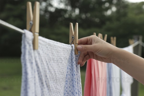 Laundry hanging with wooden cloth pegs. Everyday household routine and simplicity. Generative ai, AI generated