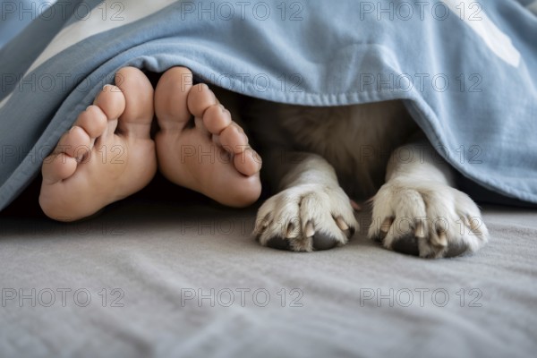 Human feet and dog paws side by side under blanket. Peaceful companionship in cozy home setting. Generative ai, AI generated