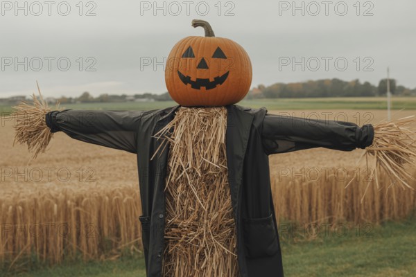 Scarecrow with pumpkin head with painted Halloween face and black jacket. Generative ai, AI generated