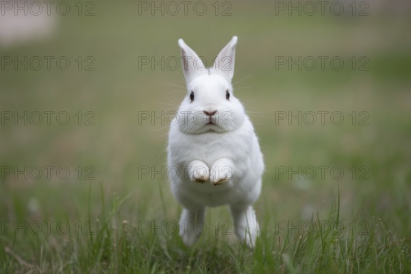 White bunny jumping toward camera through green grass. Playful and energetic wildlife moment in nature, AI generated